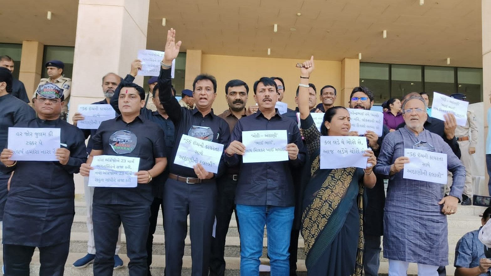 On Monday, all MLAs of Congress entered the Gujarat Assembly wearing black clothes as a mark of protest against Gandhi's disqualification. Credit: Special Arrangement