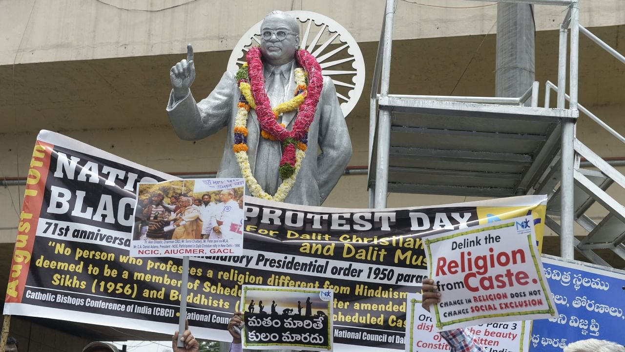 In this file photo from  August 10, 2021, Dalit Christians and Dalit Muslims protest demanding to be recognised under the Scheduled Caste status as they observe a 'black day' in Hyderabad. Credit: AFP Photo