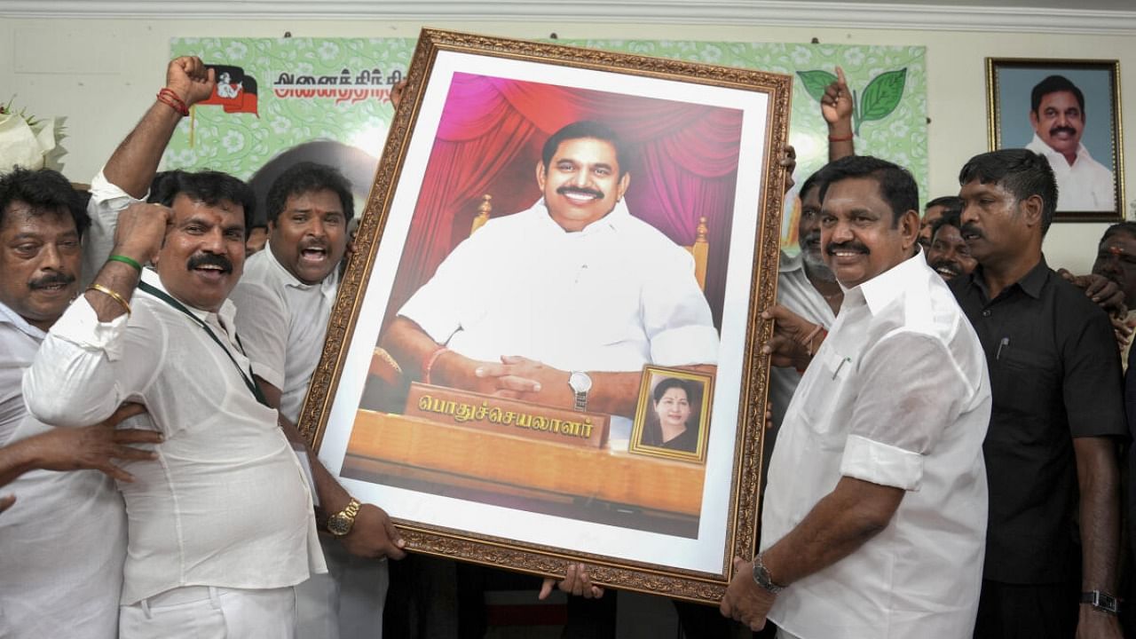 AIADMK General Secretary Edappadi K. Palaniswami celebrates after the Madras High Court rejected all petitions filed by the deposed AIADMK leader O. Panneerselvam and his aides against the resolutions of the July 11, 2022 party general council and the conduct of the general secretary election, at party headquarters in Chennai, Tuesday, March 28, 2023. Credit: PTI Photo