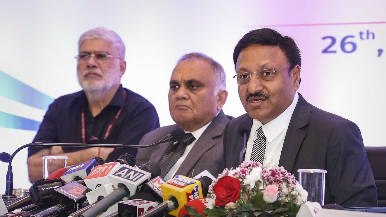 Chief Election Commissioner Rajiv Kumar with Election Commissoner Anup Chandra Pandey addresses a press conference. Credit: PTI Photo