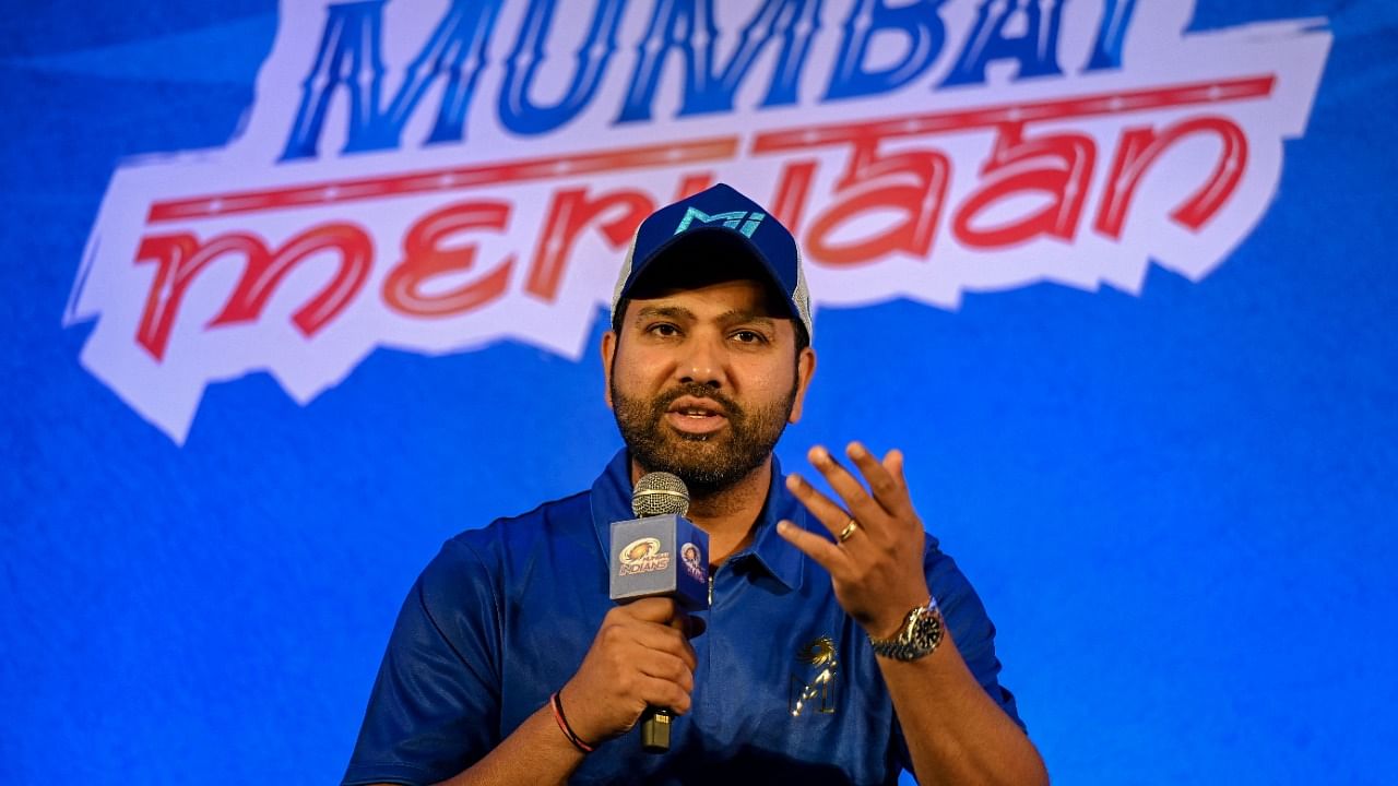 Mumbai Indians' cricket team captain Rohit Sharma speaks during a news conference in Mumbai. Credit: PTI Photo