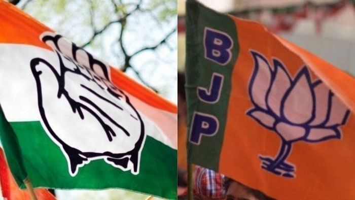 Party flags of the Congress and the BJP. Credit: Getty Images and AFP File Photo