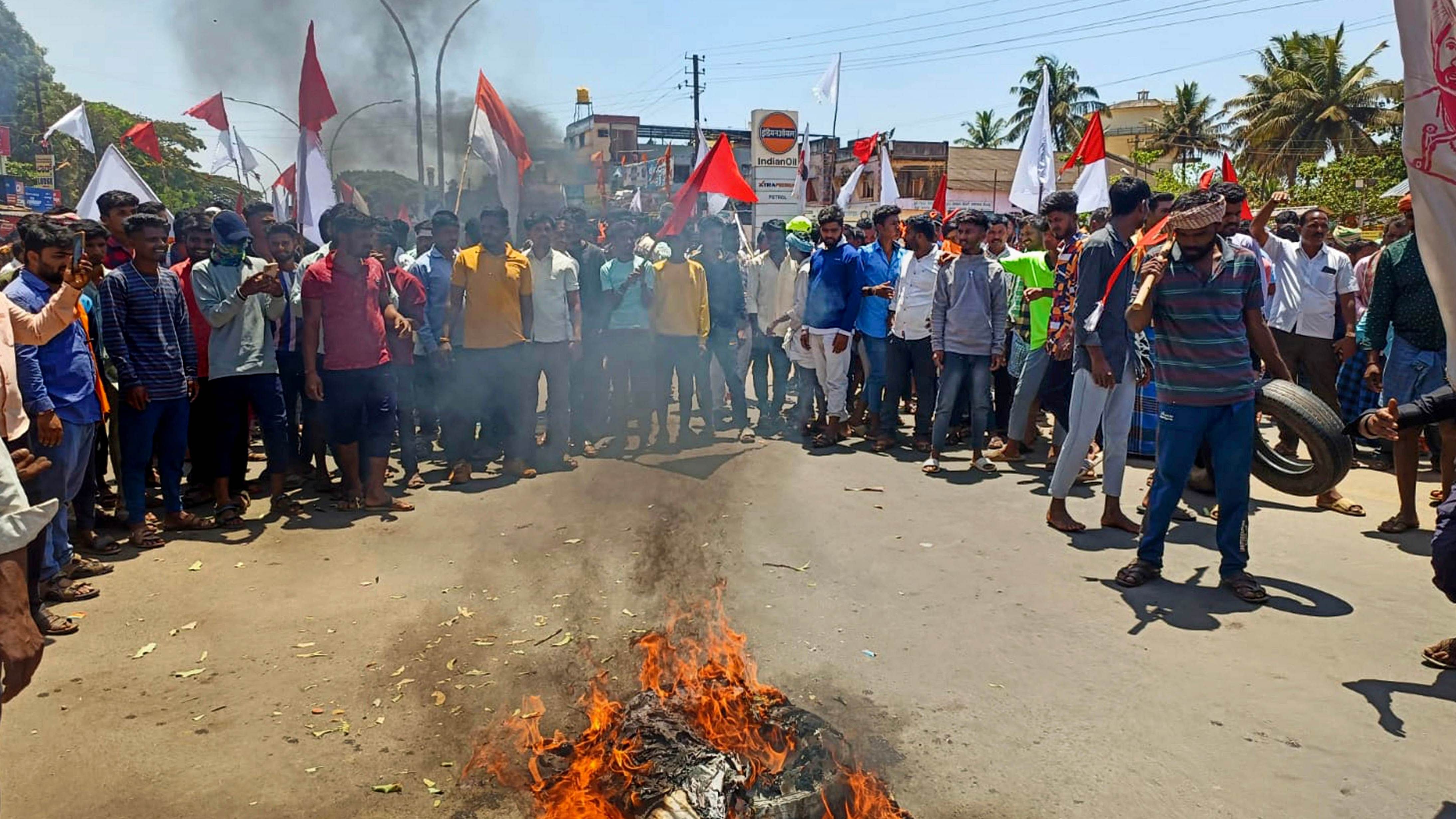 People belonging to Banjara community protest against the state cabinet's decision to give internal reservation amongst the Scheduled Castes. Credit: PTI Photo
