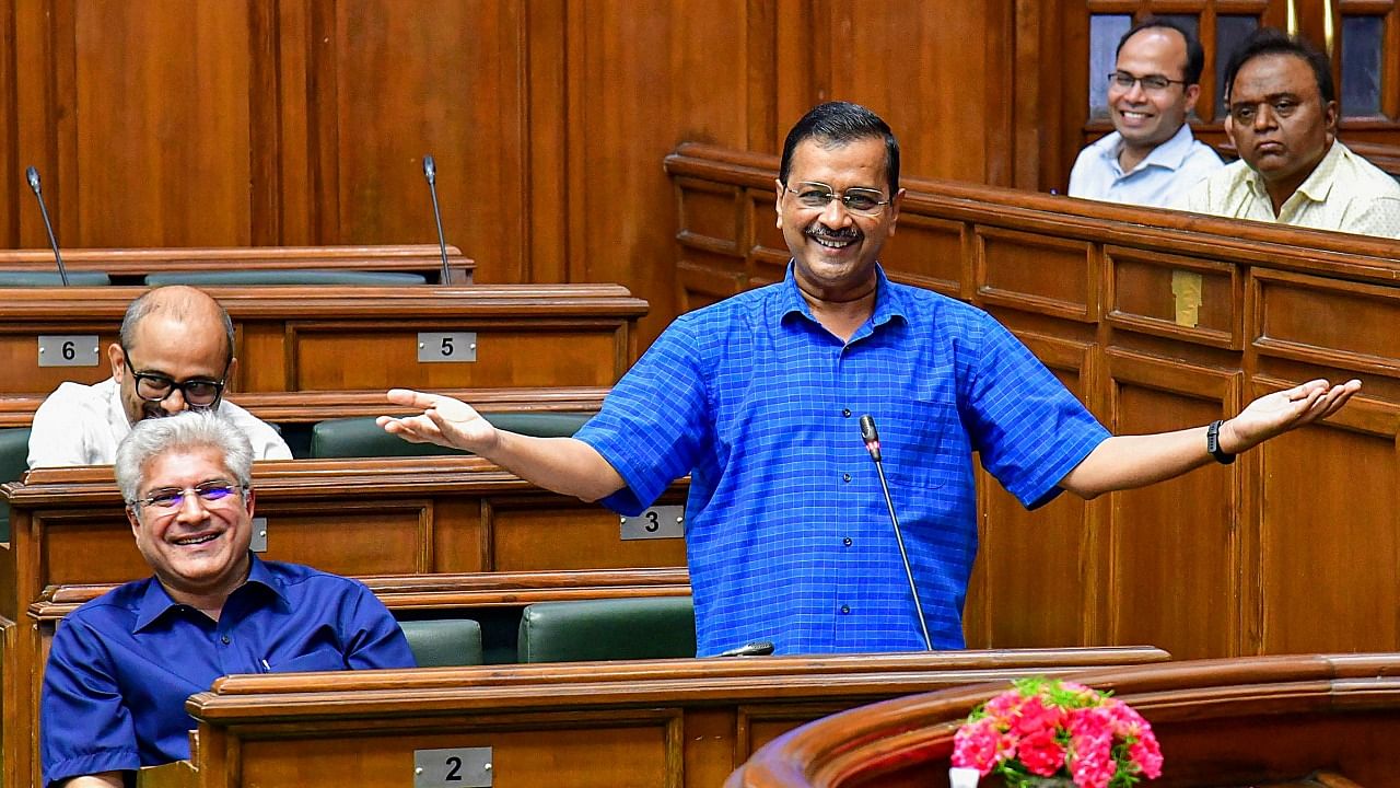Delhi Chief Minister Arvind Kejriwal speaks during the Budget Session of Delhi Assembly. Credit: PTI Photo
