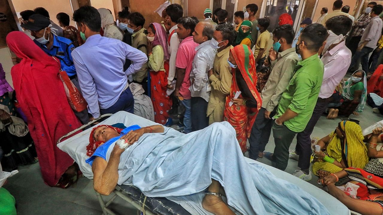Patients wait to receive treatments at the OPD of SMS Hospital amid a strike of resident doctors over the Rajasthan Right to Health Bill, in Jaipur. Credit: PTI Photo