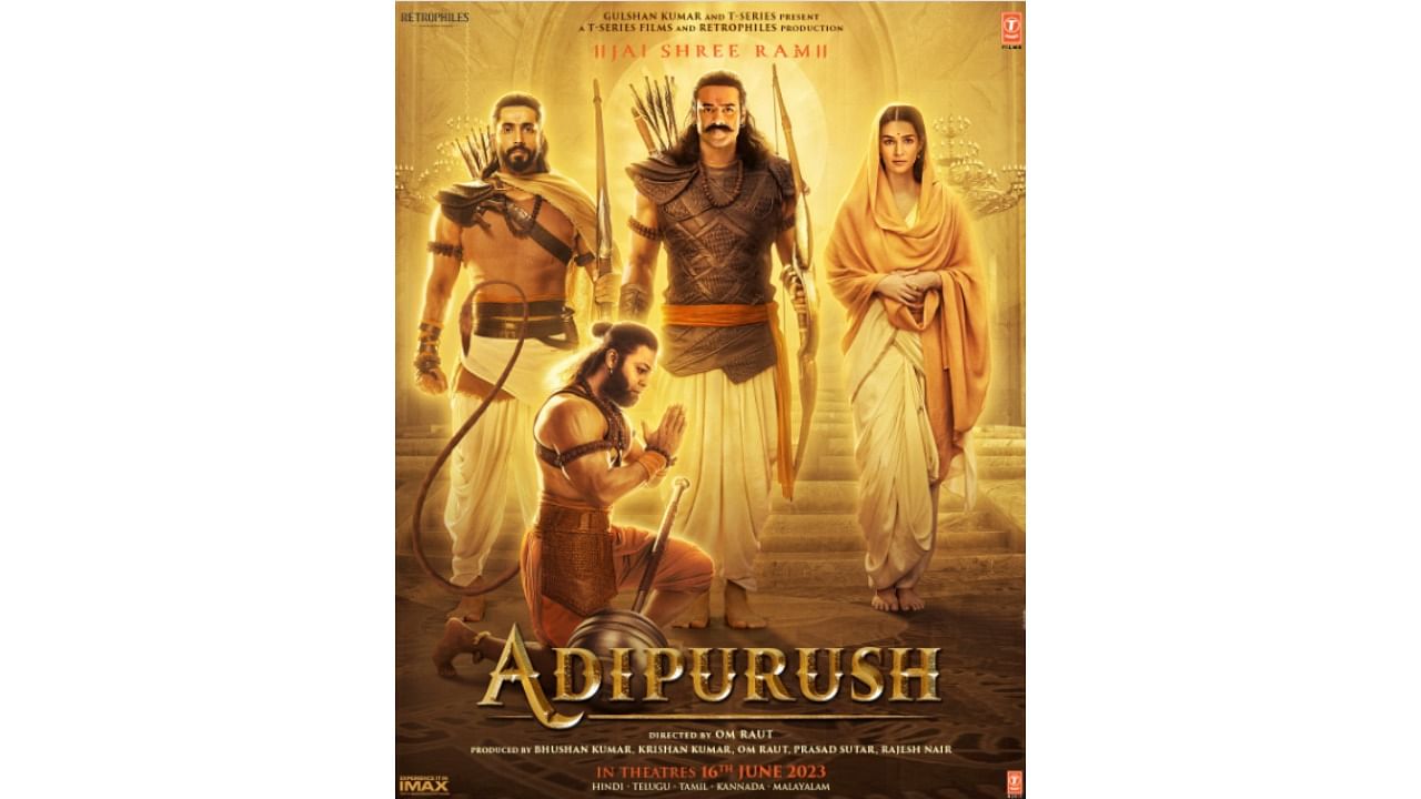 In the new poster shared on T-Series' official Twitter page, Prabhas and Sunny are seen carrying a bow and an arrow donning armour and dhoti. Kriti is in a simple sari with her head covered, while Devdatta is seen bowing down in the service of the trio. Credit: Twitter/@TSeries