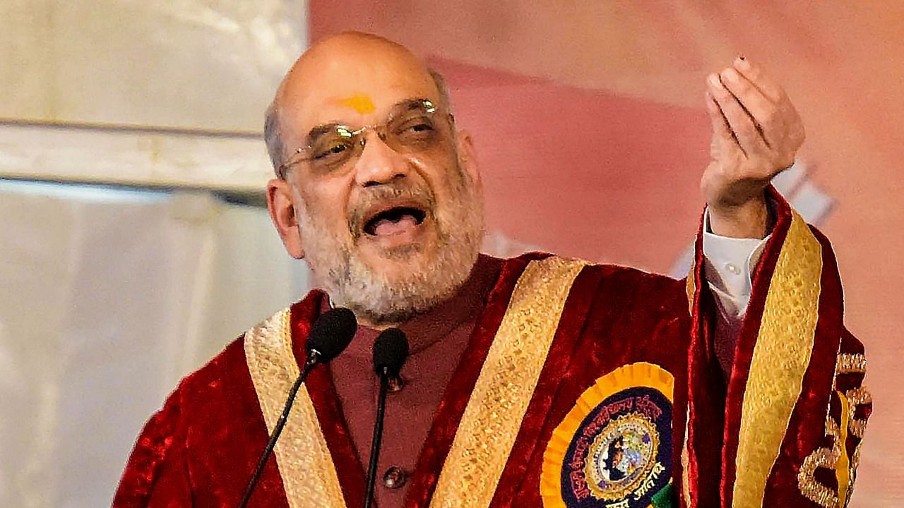 Union Home Minister Amit Shah speaks as he attends the convocation of the Gurukul Kangri University, in Haridwar. Credit: PTI Photo