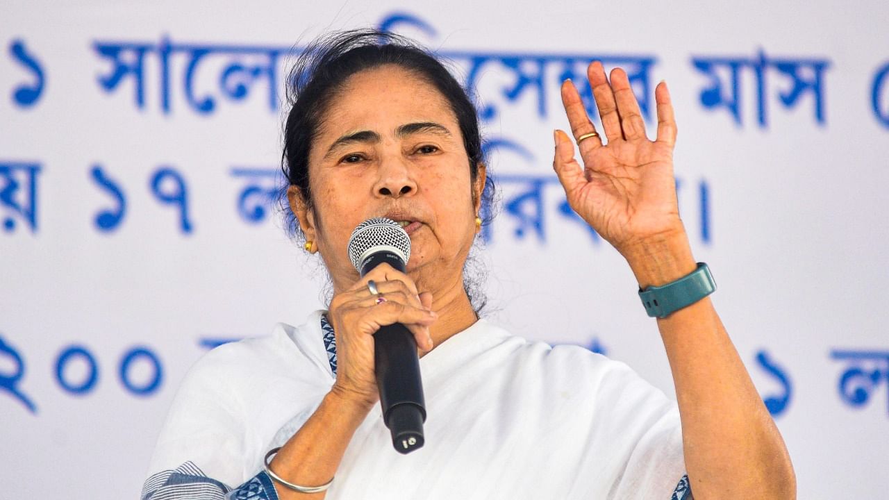West Bengal Chief Minister and TMC supremo Mamata Banerjee speaks during the second day of the party's sit-in demonstration in Kolkata. Credit: PTI Photo