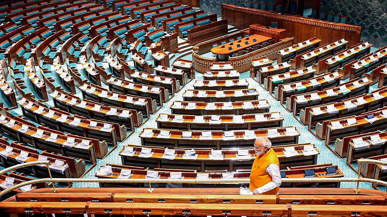 Prime Minister Narendra Modi inspects the construction work of the new Parliament building. Credit: PTI Photo