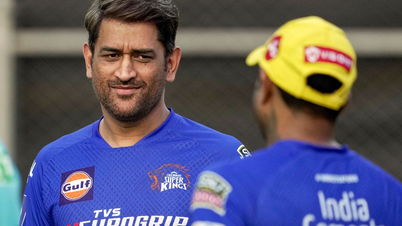 MS Dhoni during a practice session ahead of the IPL 2023 match between Chennai Super Kings and Gujarat Titans. Credit: PTI Photo