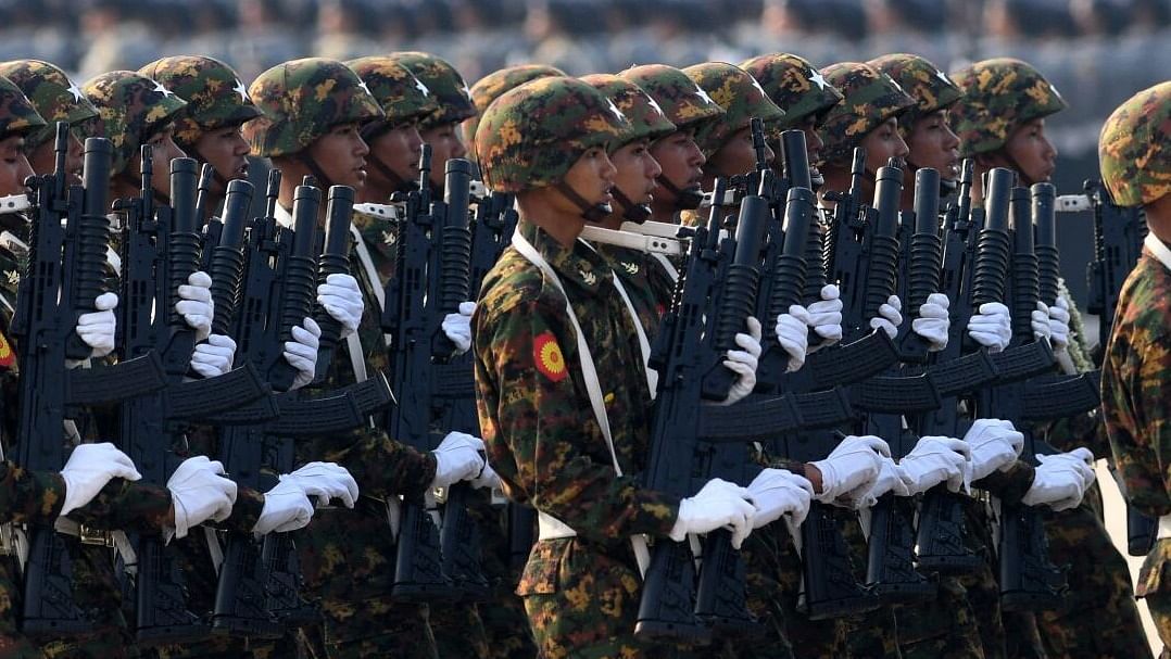 Members of the Myanmar military take part in a parade to mark the country's 78th Armed Forces Day in Naypyidaw on March 27, 2023. Credit: AFP Photo