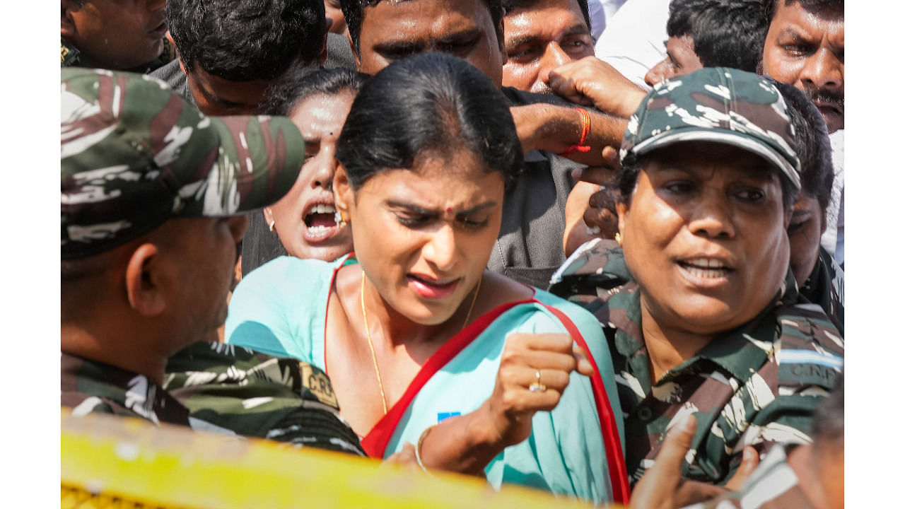 Earlier, the YSRTP leader alleged that only small fish were arrested in the paper leak case while the powerful ones were roaming freely. She demanded a probe by the Central Bureau of Investigation (CBI). Credit: PTI Photo