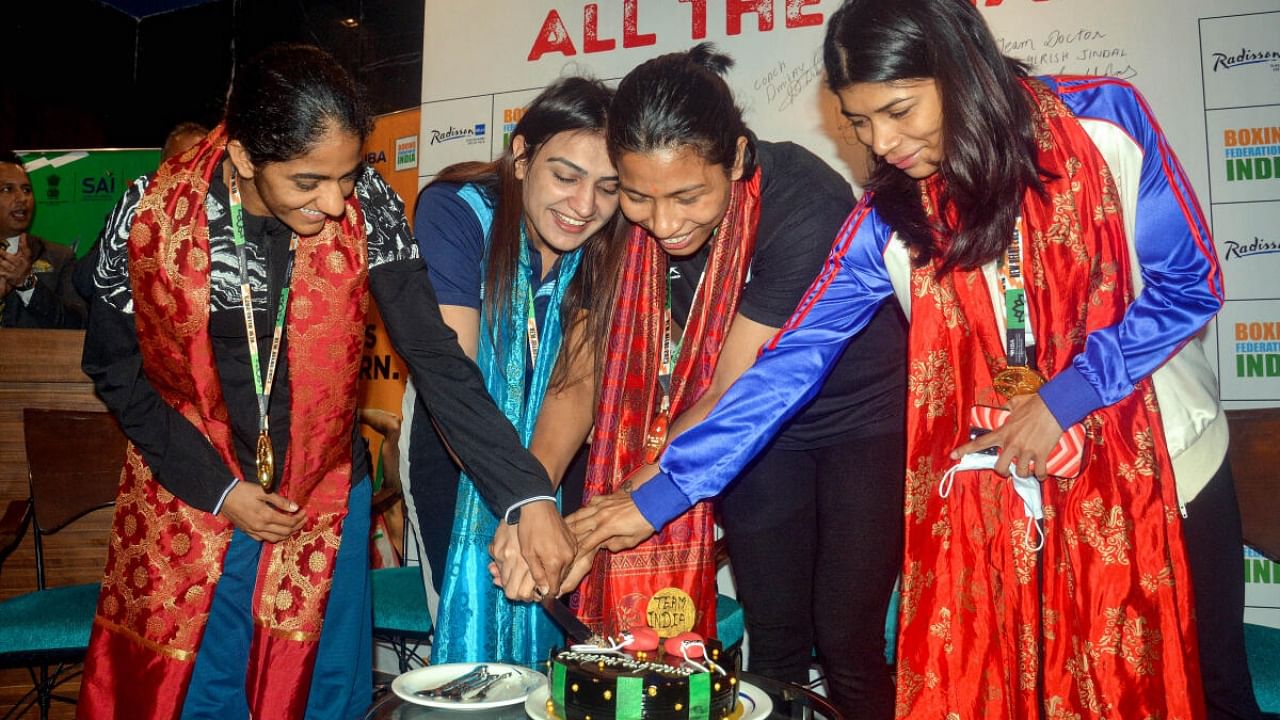  IBA Women's Boxing World Championships 2023 gold medallists Nitu Ghanghas, Saweety Boora, Lovlina Borgohain and Nikhat Zareen during a press conference, in Ghaziabad, Monday, March 27, 2023. Credit: PTI Photo