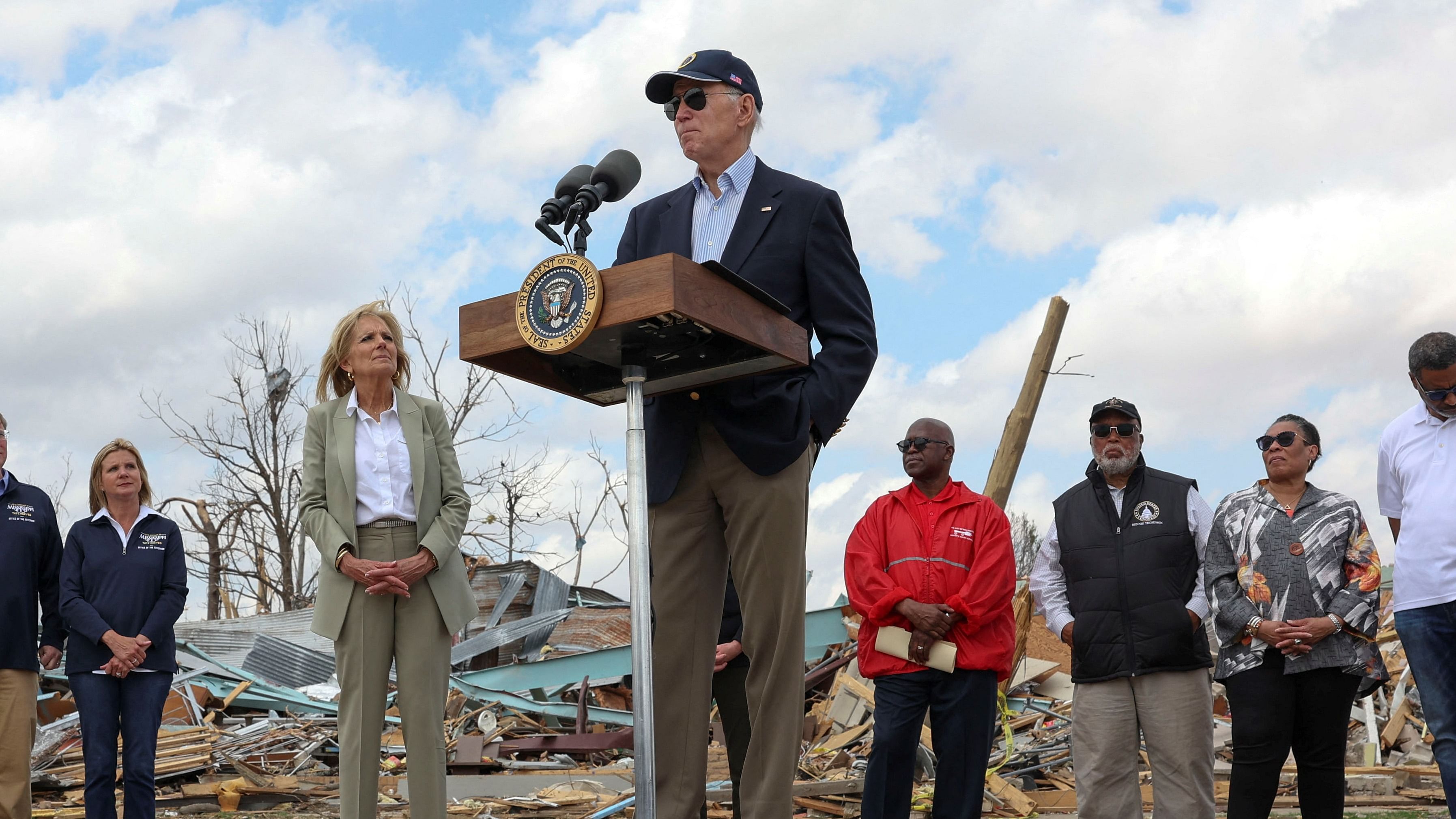 U.S. President Joe Biden delivers remarks on his administration's commitment to support the people of Mississippi as they recover and rebuild following the deadly weekend tornadoes and storms, as first lady Jill Biden and officials look on, in Rolling Fork, Mississippi. Credit: Reuters Photo