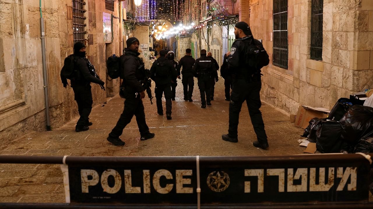 Israeli police stand guard near the incident scene, next to the compound known to Muslims as the Noble Sanctuary and to Jews as the Temple Mount, in Jerusalem's Old City, April 1, 2023. Credit: Reuters Photo