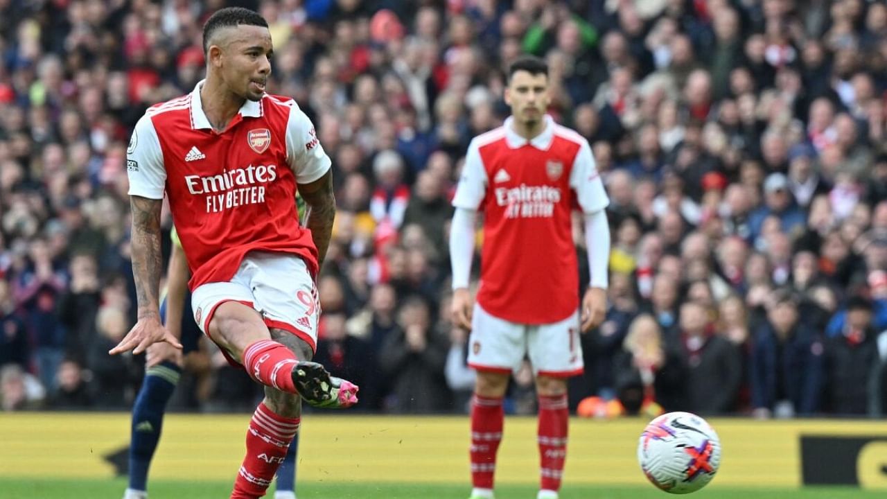 Arsenal's Gabriel Jesus scores the opening goal in their game against Leeds. Credit: AFP Photo