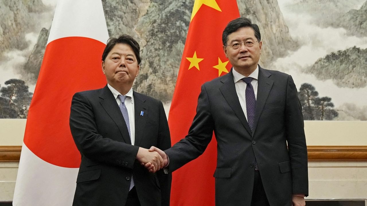Japan's foreign minister Yoshimasa Hayashi meets Chinese Foreign Minister Qin Gang during their meeting at the Diaoyutai State Guesthouse in Beijing, China in this photo taken by Kyodo on April 2, 2023. Credit: Reuters/Kyodo Photo
