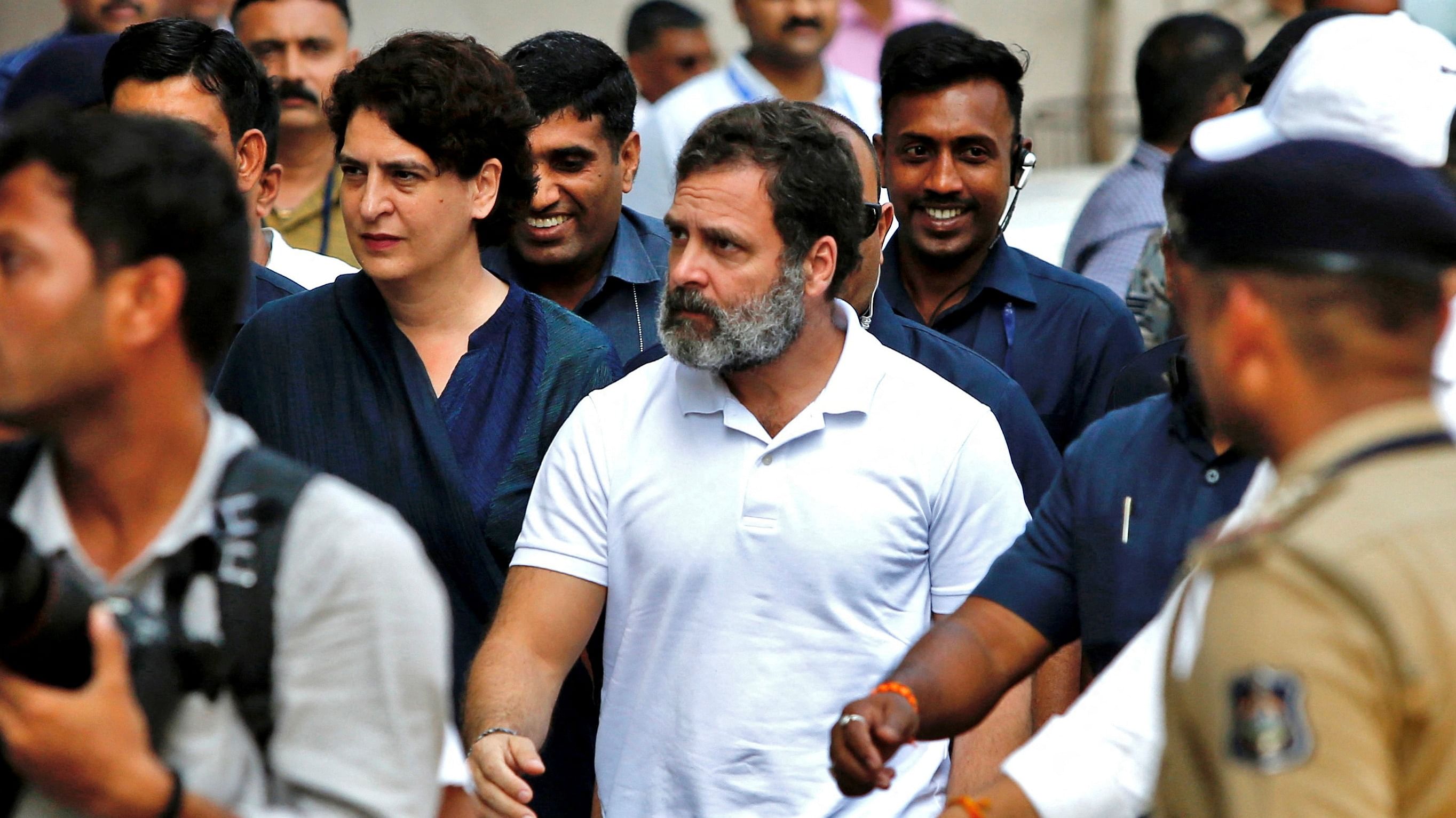 Rahul Gandhi, a senior leader of India's main opposition Congress party, arrives with his sister and a leader of the party Priyanka Gandhi Vadra at a court in Surat in the western state of Gujarat, India, April 3, 2023. Credit: Reuters Photo