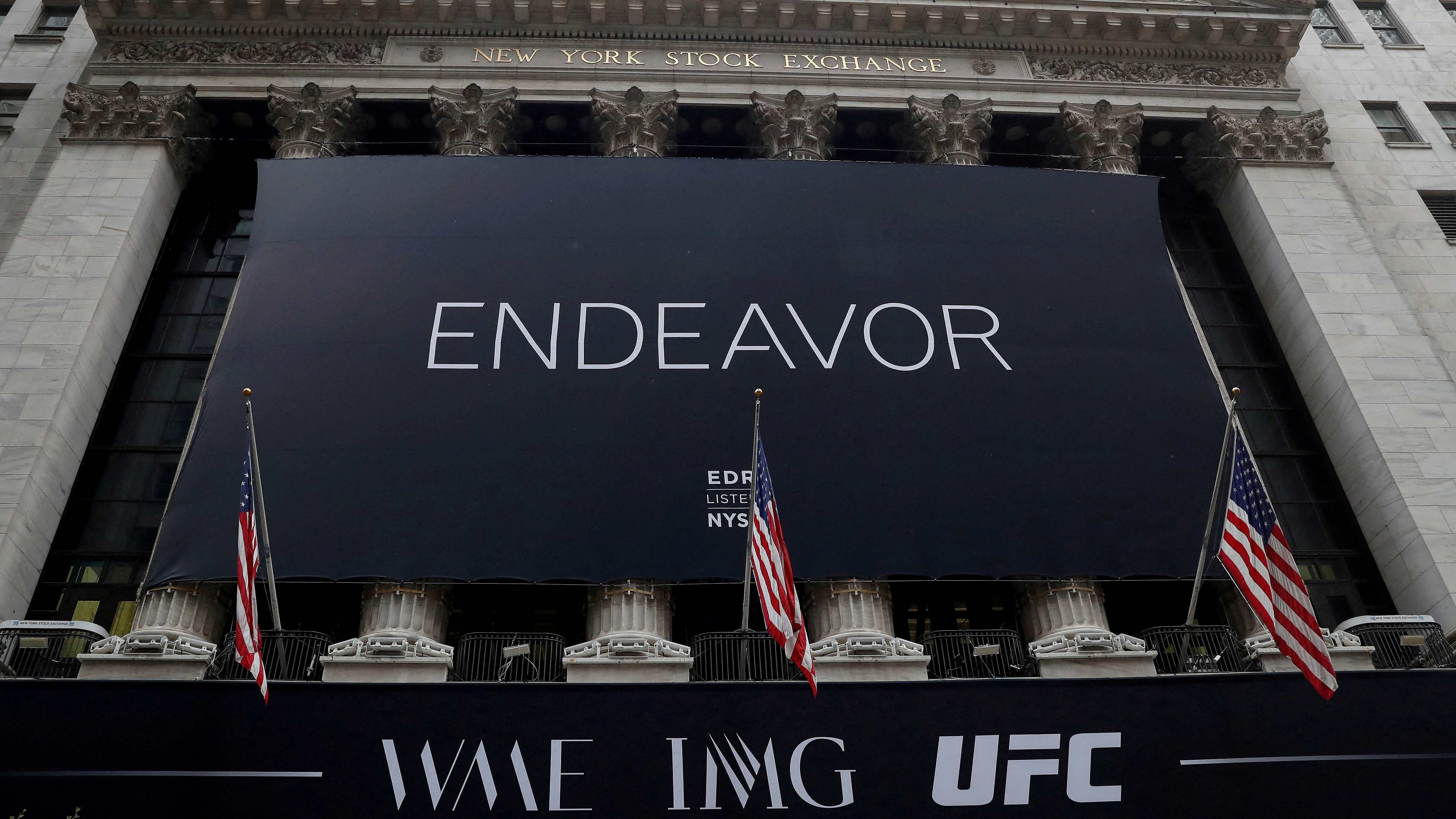 The Endeavor Group Holdings Inc. (EDR) logo hangs from the New York Stock Exchange on the morning of its public listing at the NYSE in New York City. Credit: Reuters Photo