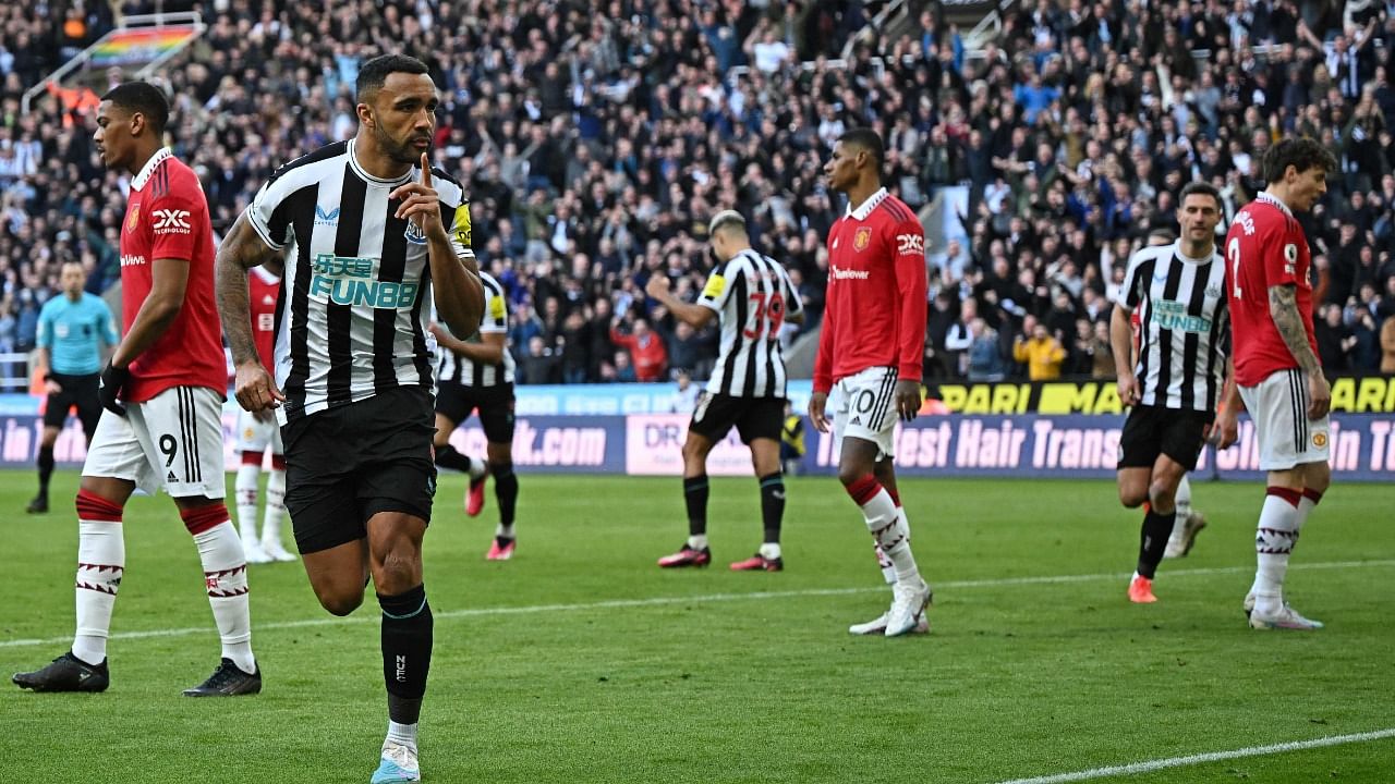 Newcastle United's English striker Callum Wilson (2L) celebrates after scoring their second goal. Credit: AFP Photo