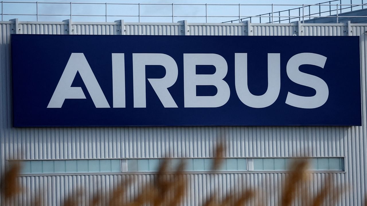 The logo of Airbus is pictured at the Airbus facility in Montoir-de-Bretagne near Saint-Nazaire, France, March 4, 2022. Credit: Reuters File Photo