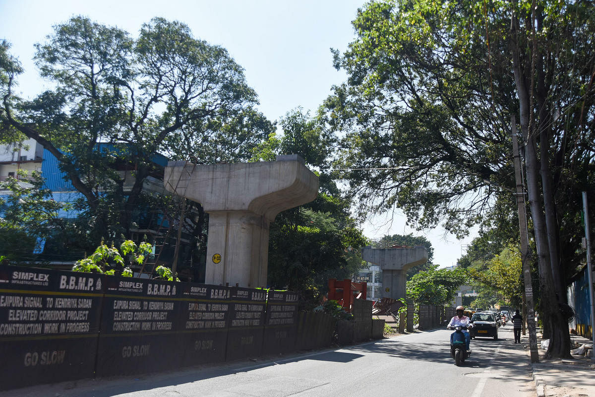 The 2.5-km Ejipura flyover, which is to connect Sony World Junction with Kendriya Sadan in Koramangala, was supposed to be completed in November 2019. Credit: DH File Photo