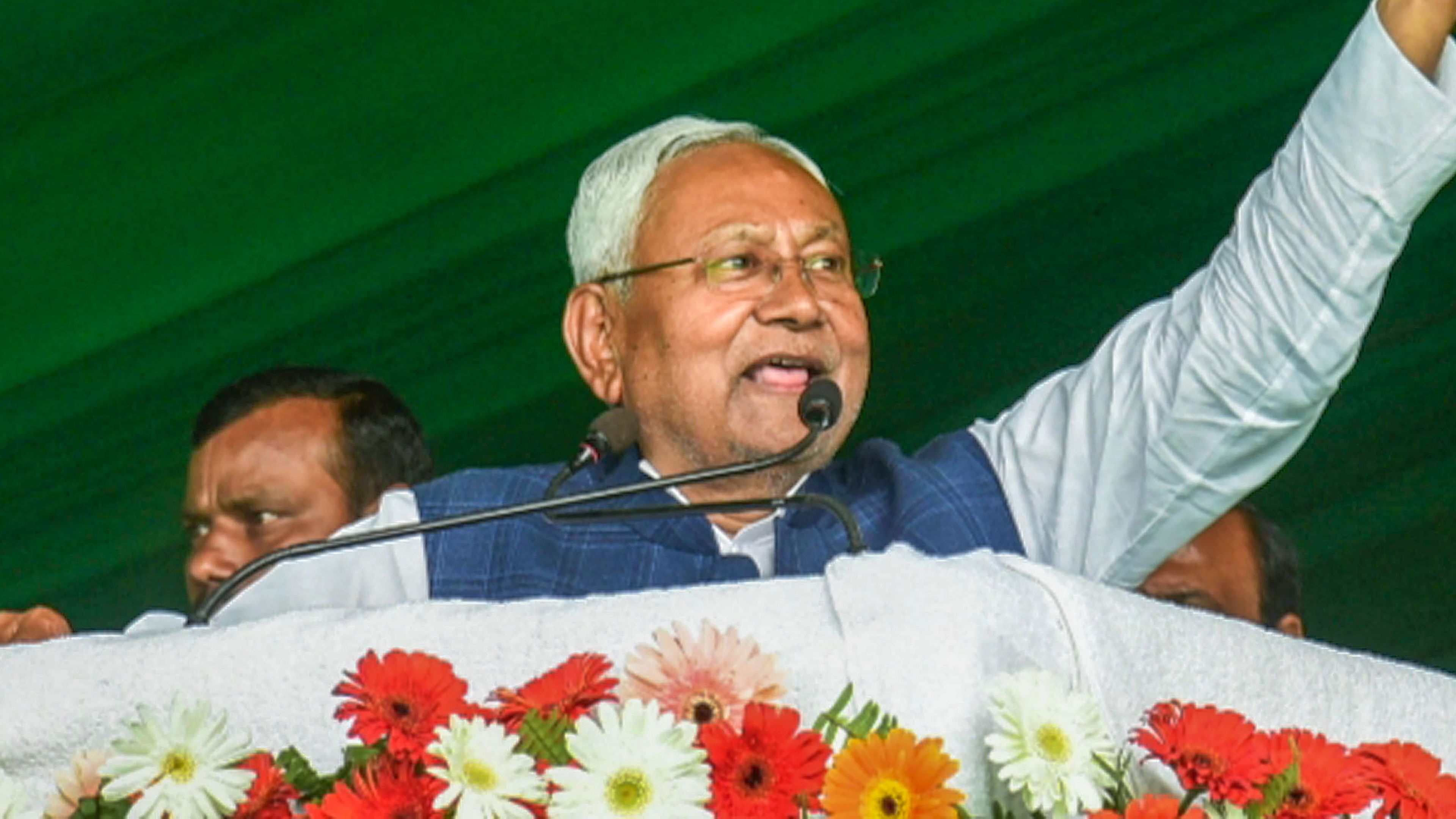 Purnea: Bihar Chief Minister Nitish Kumar addresses the grand alliance rally, at Rangbhoomi ground in Purnea, Saturday, Feb. 25, 2023. Credit: PTI Photo