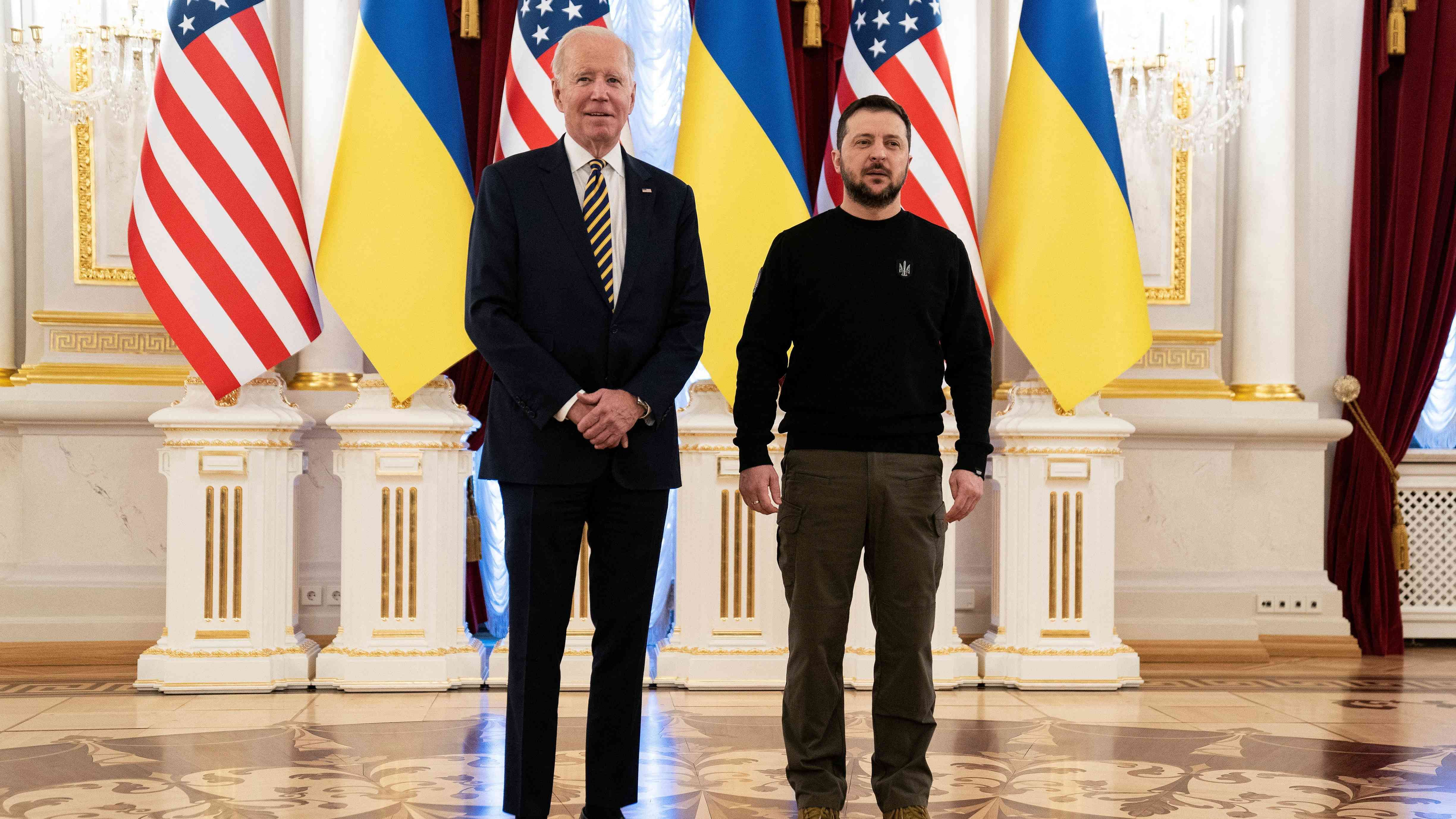 US President Joe Biden poses with Ukrainian President Volodymyr Zelenskyy at Mariinsky Palace on an unannounced visit, in Kyiv, Ukraine. Credit: Reuters Photo
