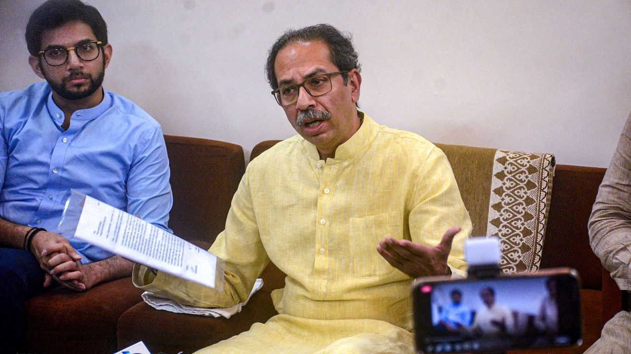 Shiv Sena (UBT) President Uddhav Thackeray speaks to media, in Thane, Tuesday, April 4, 2023. Credit: PTI Photo