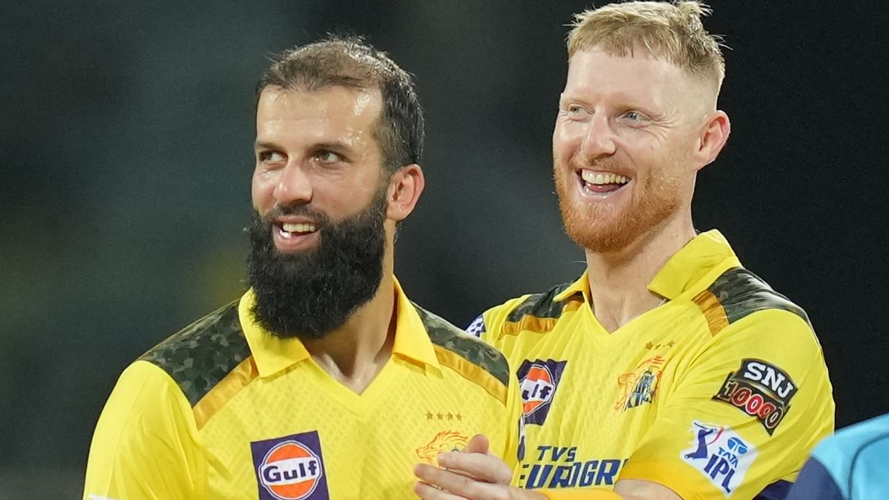 Chennai Super Kings bowler Moeen Ali with teammate Ben Stokes after a wicket of Lucknow Super Giants during the IPL 2023 cricket match between Chennai Super Kings and Lucknow Super Giants, at the MA Chidambaram Stadium, in Chennai, April 3, 2023. Credit: PTI Photo