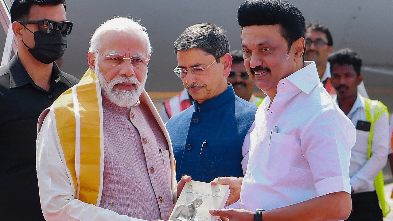 Prime Minister Narendra Modi with Tamil Nadu Chief Minister MK Stalin, in Chennai. Credit: PTI Photo