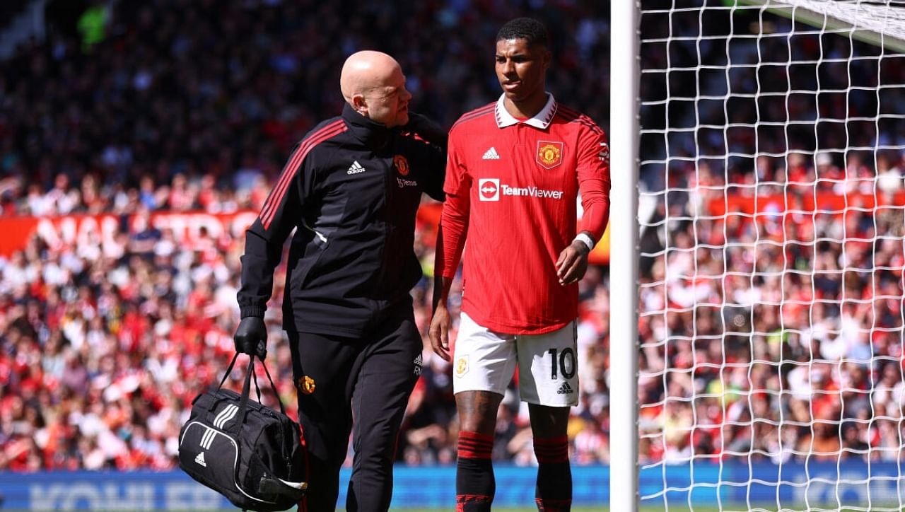 Manchester United's Marcus Rashford after sustaining an injury. Credit: Reuters Photo