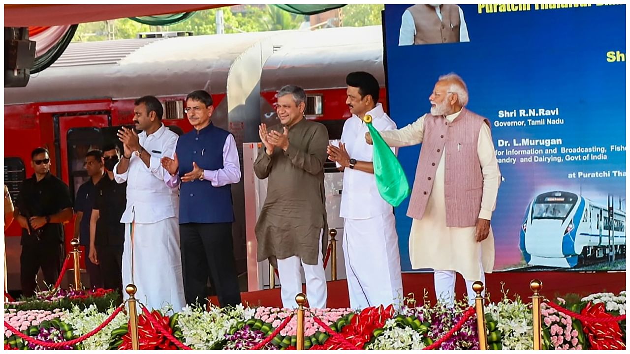 Prime Minister Narendra Modi flags off Vande Bharat Express train at Central Railway Station, in Chennai. Credit: PTI Photo