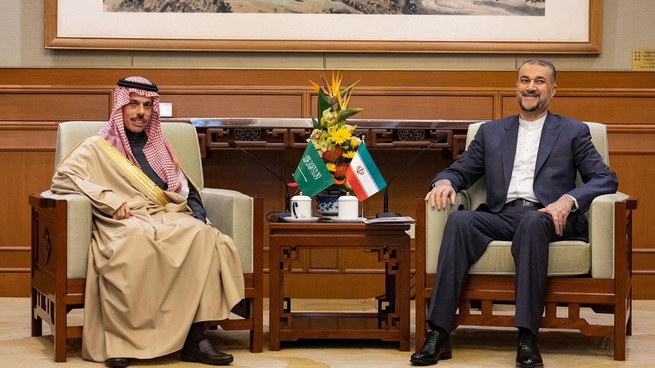 Saudi Foreign Affairs Minister Prince Faisal bin Farhan and Iran's Foreign Minister Hossein Amir-Abdollahian during a meeting in Beijing. Credit: AFP File Photo