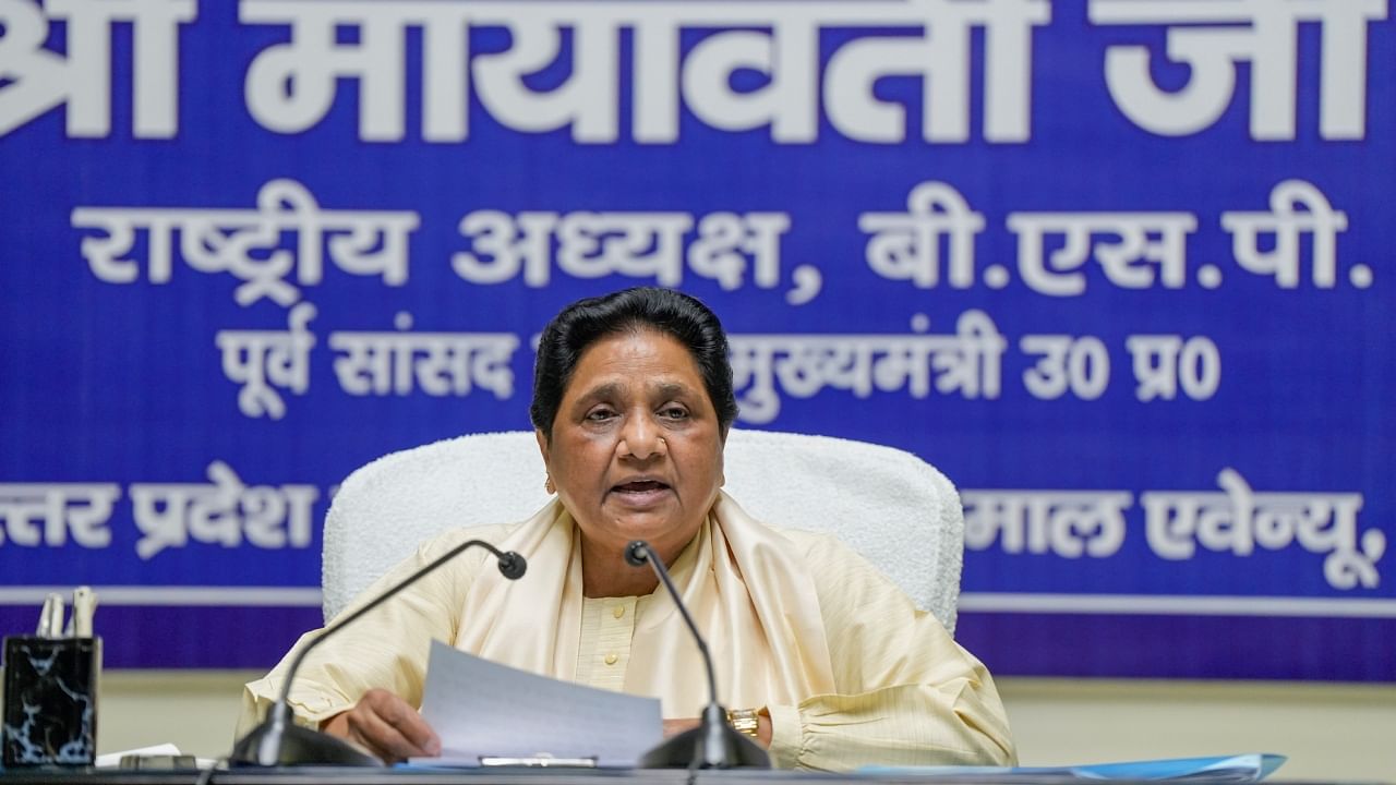 BSP supremo Mayawati addresses a press conference, at party office in Lucknow, Monday, April 10, 2023. Credit: PTI Photo