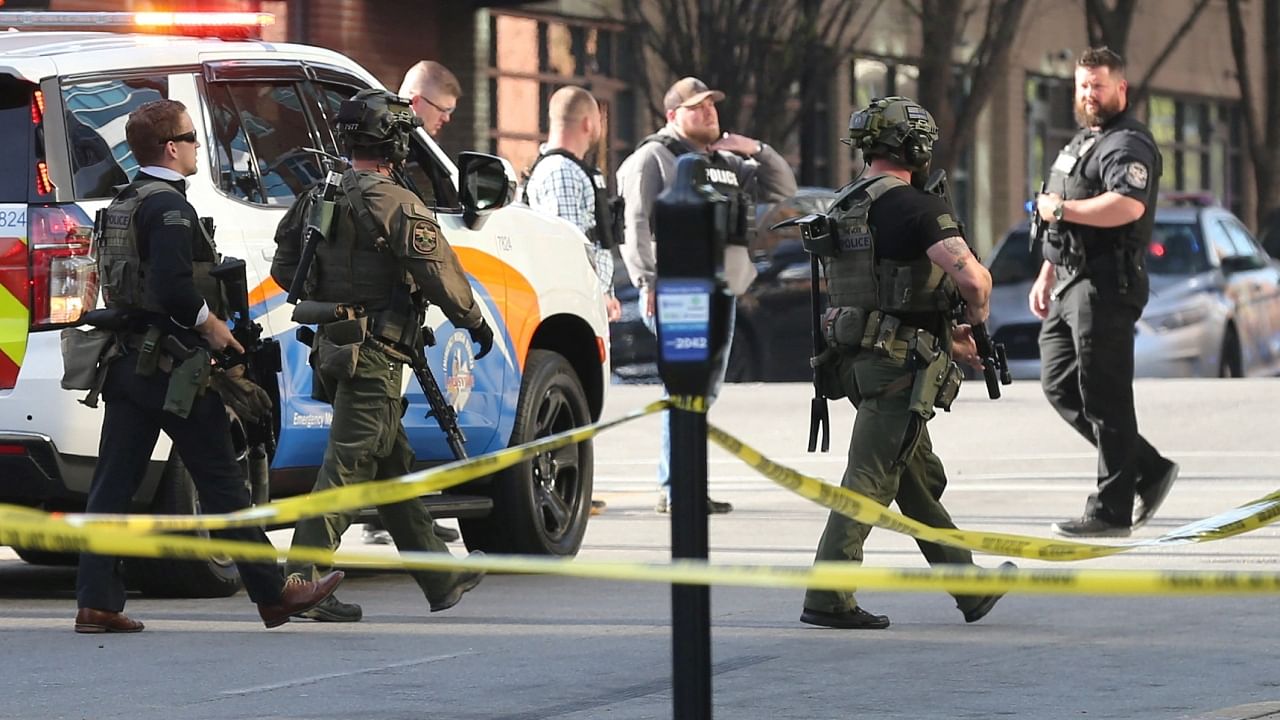 Police deploy at the scene of a mass shooting near Slugger Field baseball stadium in downtown Louisville, Kentucky, US, April, 10, 2023. Credit: USA Today Network via Reuters