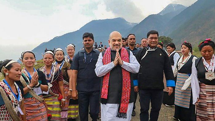 Union Home Minister Amit Shah with Arunachal Pradesh Chief Minister Pema Khandu during the launch of the 'Vibrant Villages Programme', in Kibithoo, Arunachal Pradesh, Monday, April 10, 2023. Credit: PTI Photo  