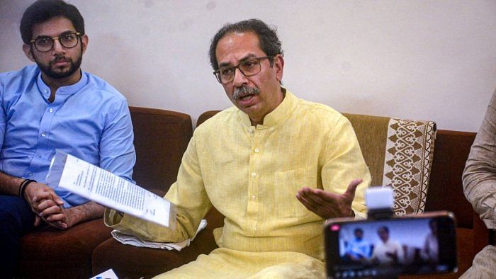 Shiv Sena (UBT) President Uddhav Thackeray speaks to media, in Thane, Tuesday, April 4, 2023. Credit: PTI Photo