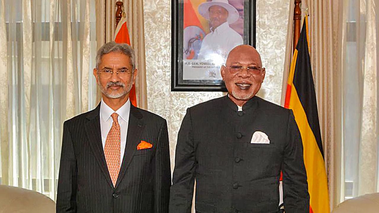 External Affairs Minister S. Jaishankar with Uganda's Foreign Minister General Odongo Jeje during a meeting, in Uganda. Credit: PTI Photo