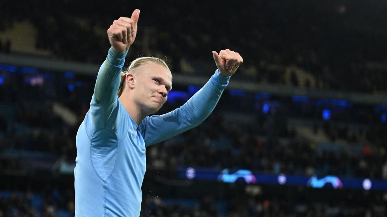 Erling Haaland celebrates on the pitch after the UEFA Champions League quarter final, first leg football match between Manchester City and Bayern Munich. Credit: AFP Photo