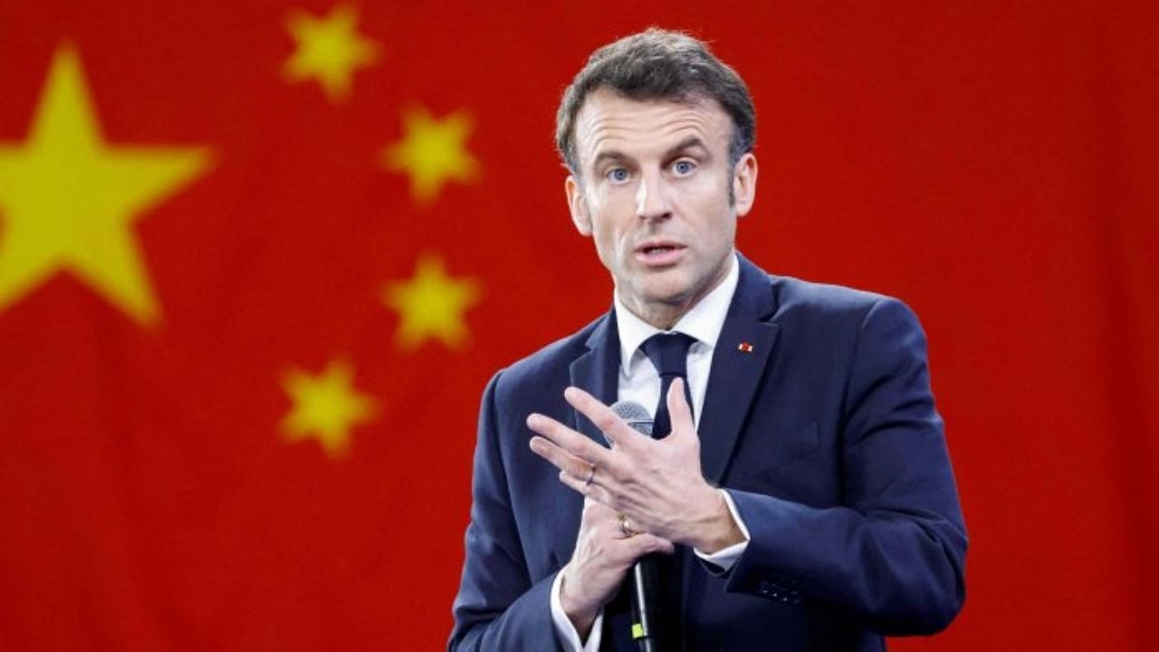 French President Emmanuel Macron gestures as he speaks to students at Sun Yat-sen University in Guangzhou on April 7, 2023. Credit: AFP Photo