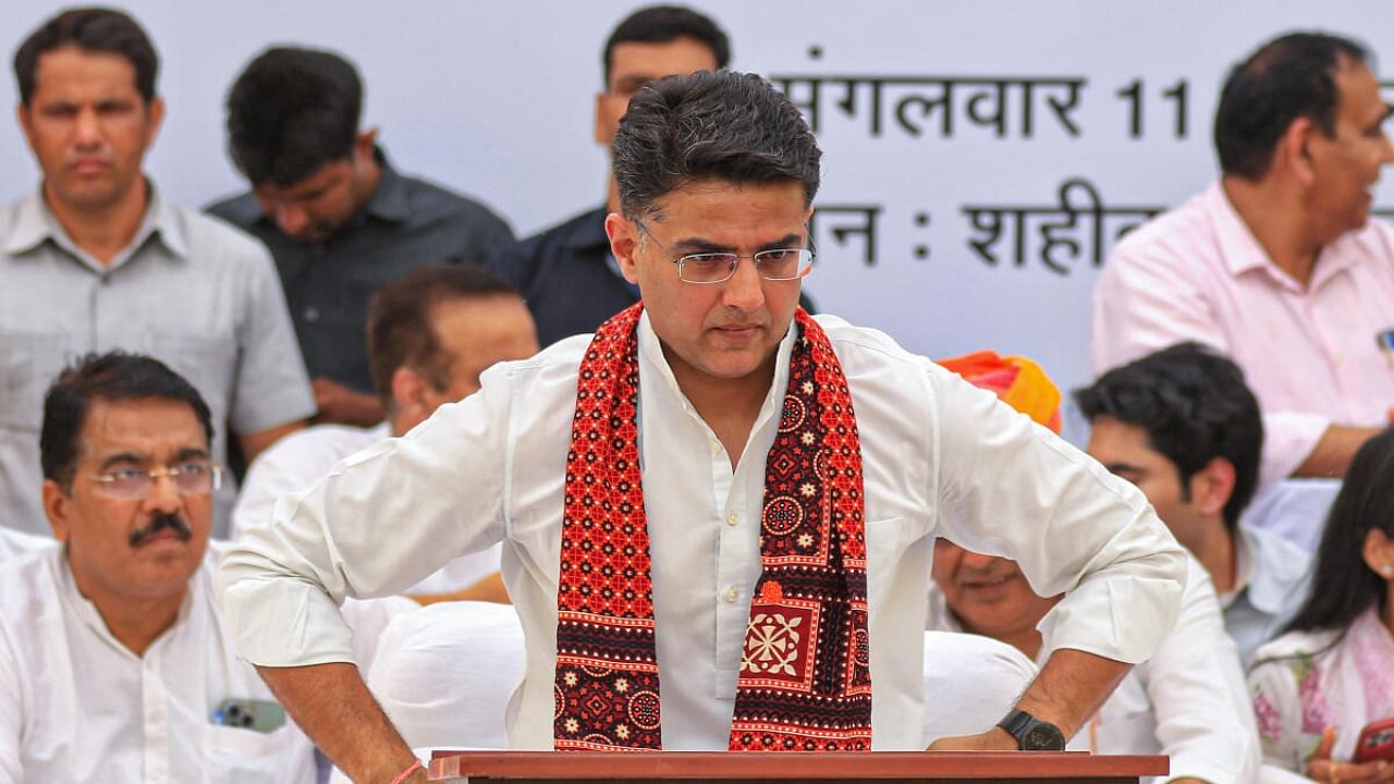 Congress leader Sachin Pilot sits on a hunger strike against the alleged corruption during previous BJP government in Rajasthan, at Shaheed Smarak in Jaipur, Tuesday, April 11, 2023. Credit: PTI Photo