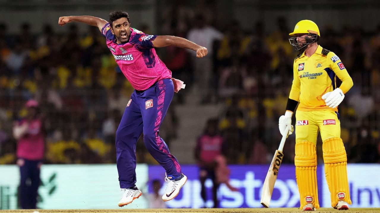 Rajasthan Royals bowler Ravichandran Ashwin celebrates the wicket of Chennai Super Kings batter Shivam Dube during the IPL 2023 cricket match between Chennai Super Kings and Rajasthan Royals, at M. A. Chidambaram Stadium in Chennai, Wednesday, April 12, 2023. Credit: PTI Photo