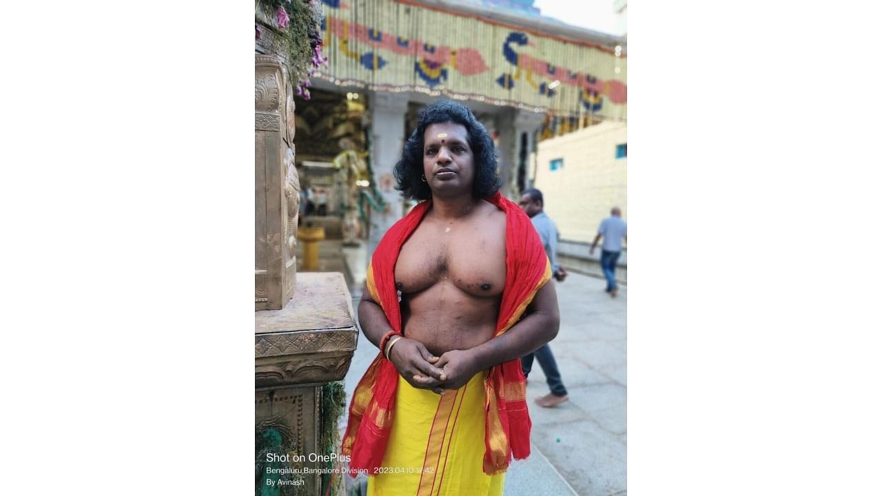 A Gnanendra was allegedly attacked with a chemical as he carried the holy pot during the Bengaluru Karaga through the city’s Pete areas on April 6. Credit: Special Arrangement