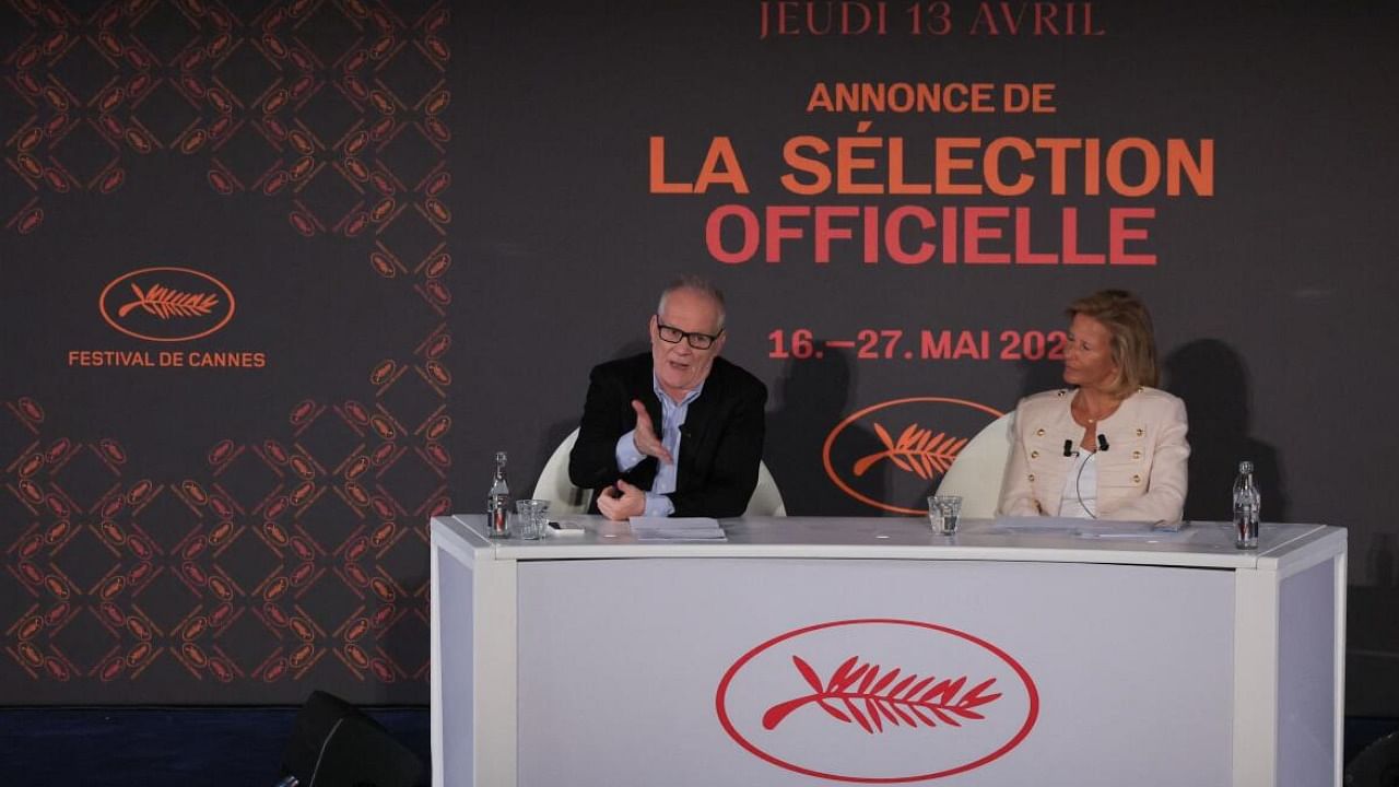 French director of the Cannes film festival, Iris Knobloch, and General Delegate of the Cannes Film Festival, Thierry Fremaux, hold a press conference to announce the Official Selection of the 76th Cannes Film Festival in Paris. credit: AFP Photo