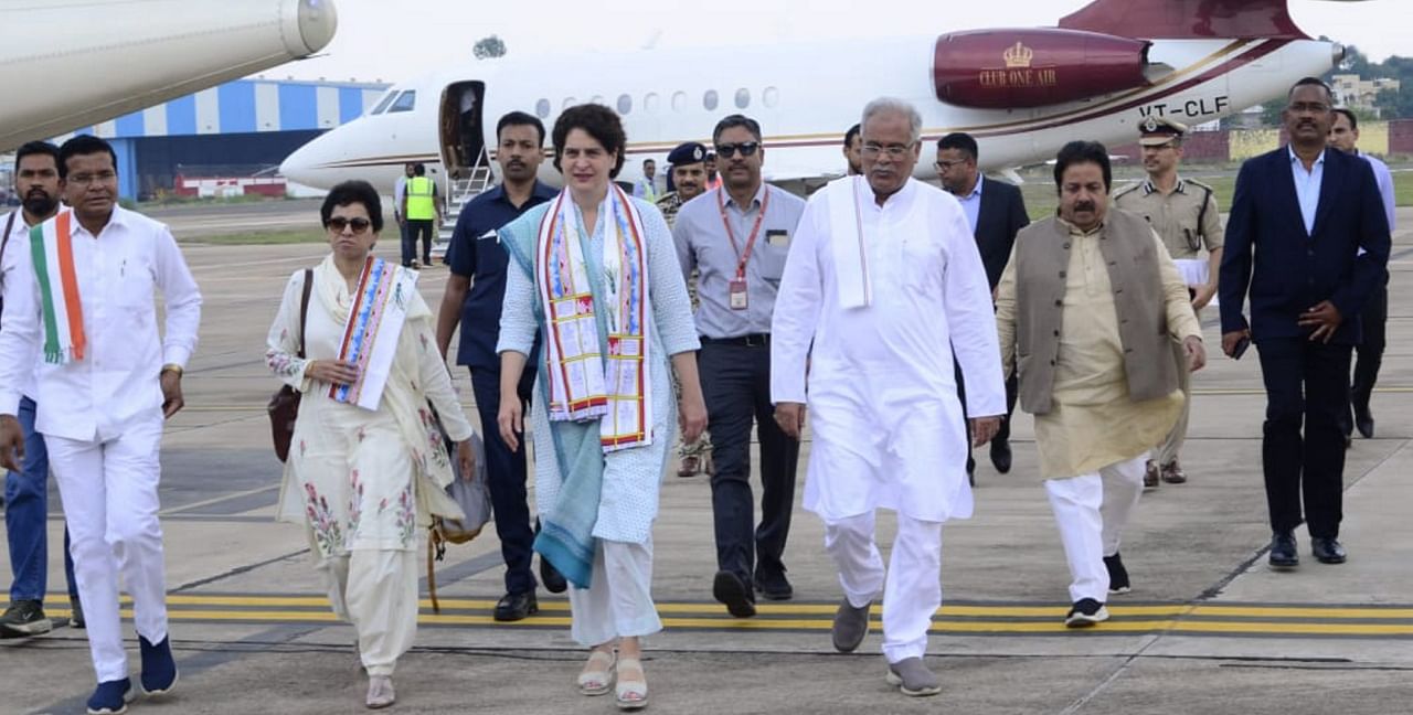 Chhattisgarh Chief Minister Bhupesh Baghel receives Congress General Secretary Priyanka Gandhi Vadra on her arrival in Chhattisgarh. Credit: PTI Photo