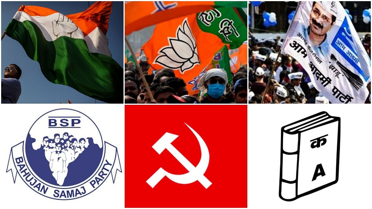 Party flags and symbols of Congress, BJP, AAP, BSP, CPI(M) and NPP. Credit: Getty Images, Reuters and PTI Photo and Twitter.