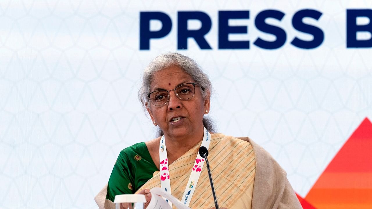 Finance Minister Nirmala Sitharaman speaks at the G-20 news conference during the World Bank/IMF Spring Meetings at the International Monetary Fund headquarters in Washington, April 13. Credit: AP/PTI Photo