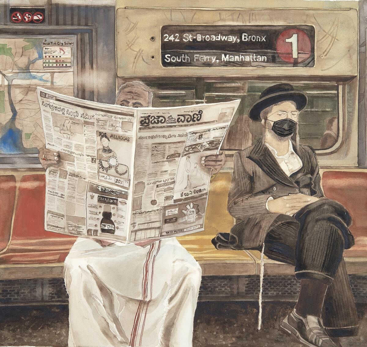 The artwork, ‘Bengaluru mornings in NYC Subway’, features a south Indian man in a white cotton ‘panche’ browsing an issue of Prajavani.