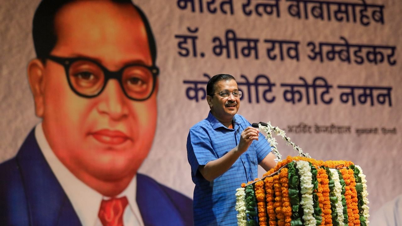 Delhi Chief Minister Arvind Kejriwal addresses an event organised to mark BR Ambedkar's birth anniversary, in New Delhi. Credit: PTI Photo